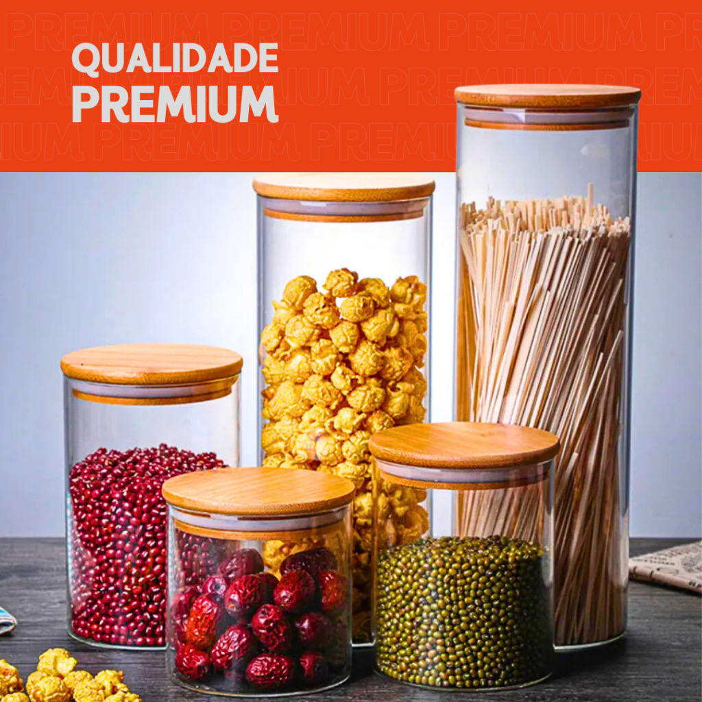 Kit com 5 potes herméticos de vidro
