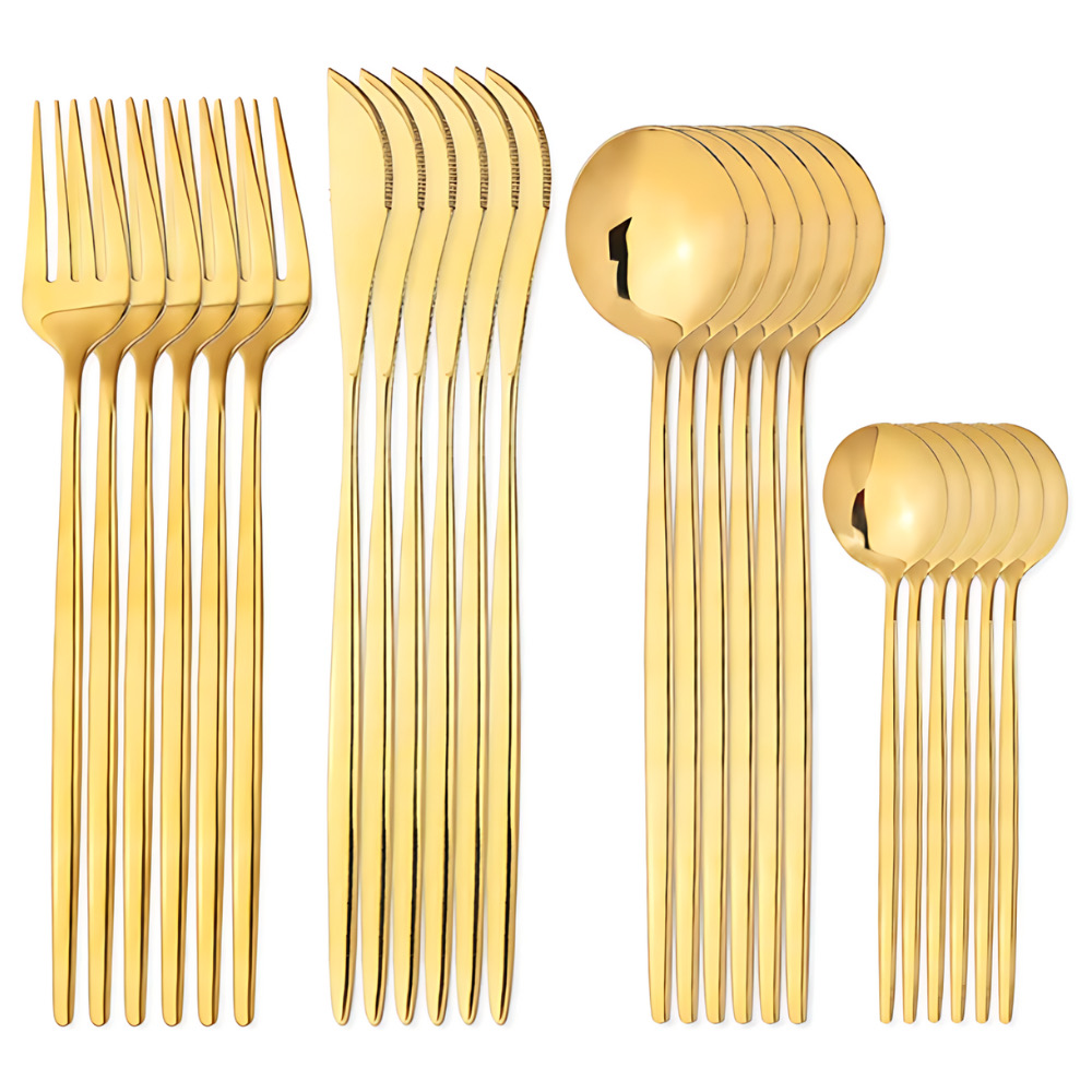Kit 24 peças talheres dourado redondo de aço inox