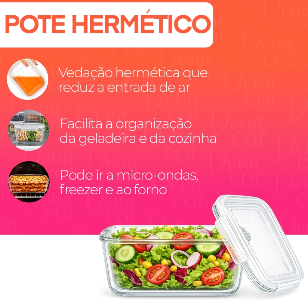 Kit 5 potes herméticos de vidro com tampa 640ml