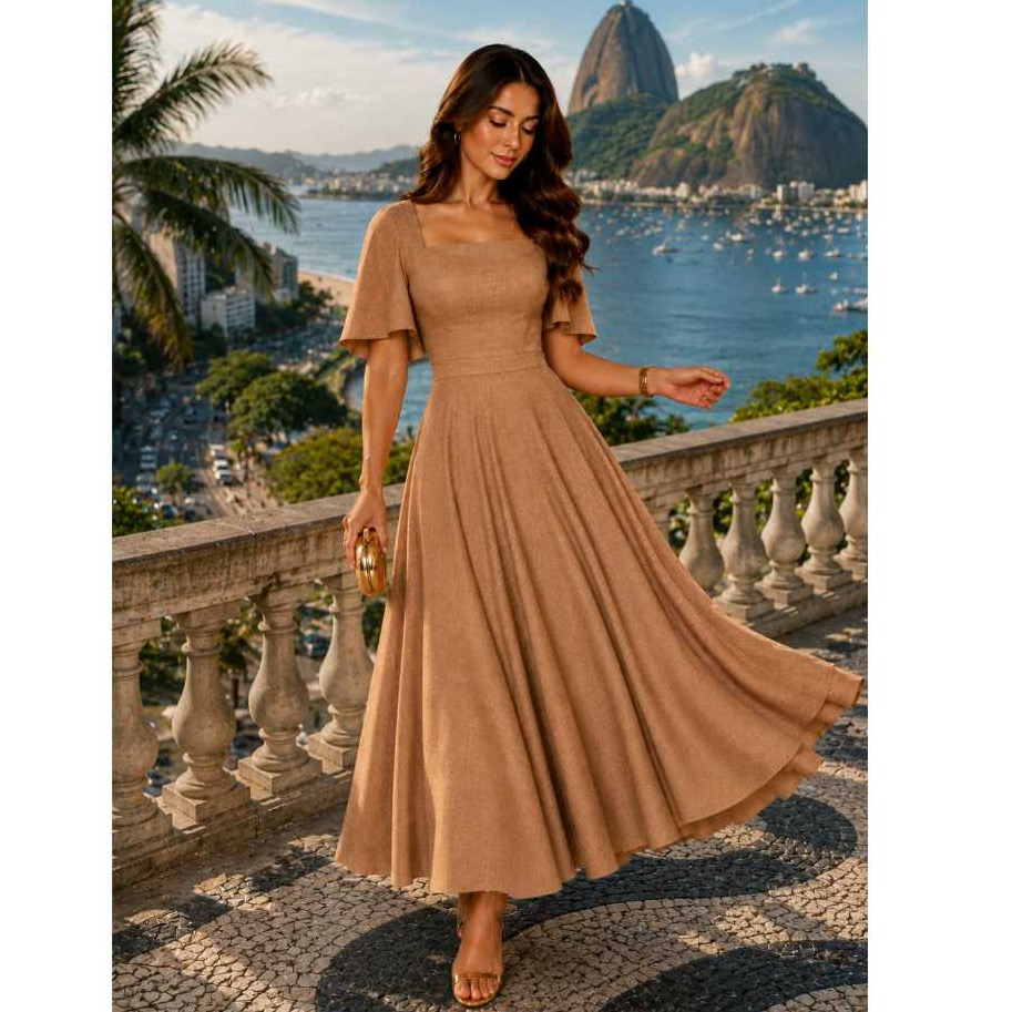 Vestido Evangélica Longo Elegante Com Manga Duna